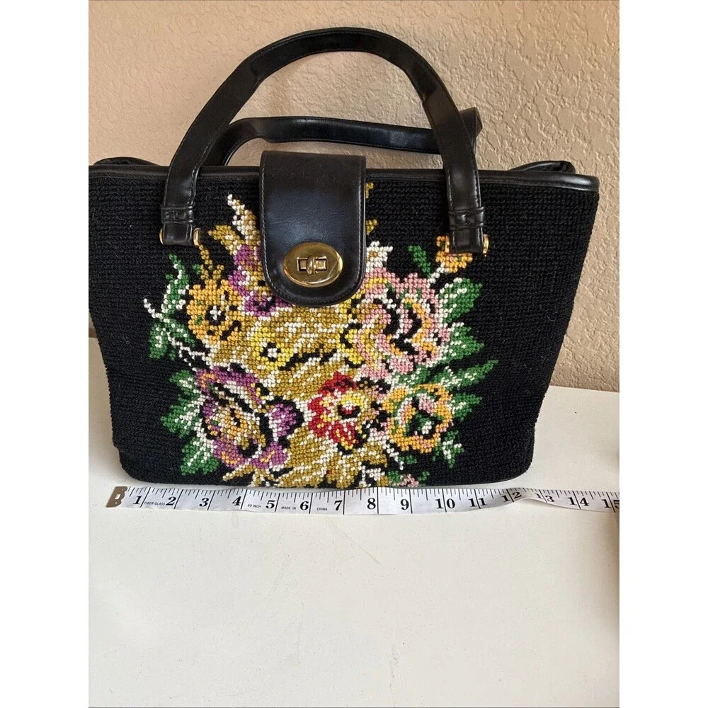 Vintage 1950s Needlepoint Carpetbag Handbag Tapestry Floral Shoulder Bag Purse